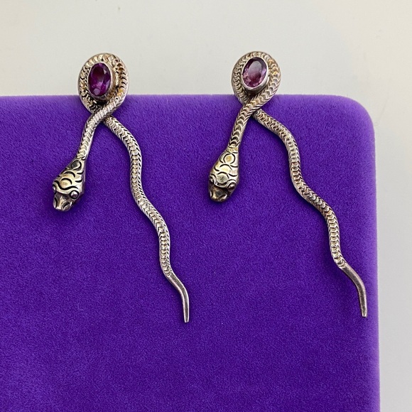 Jewelry - 💛 Vintage 925 Silver Snake Earrings with Purple Amethyst Gemstone